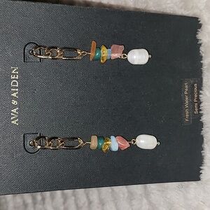 Ava & Aiden Gold Chain Linked Drop Earrings with Multicolor Stones and Pearl NWT